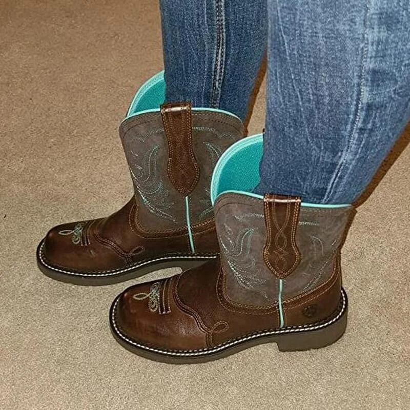 Ženske kaubojske čizme, izvezene jednostruke čizme do sredine lista, mrežaste podstave, udobne čizme za žene, retro čizme za zapadnjačke vrhove, ženske