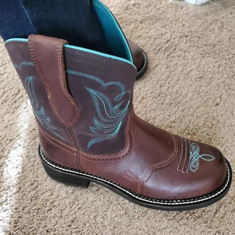 Ženske kaubojske čizme, izvezene jednostruke čizme do sredine lista, mrežaste podstave, udobne čizme za žene, retro čizme za zapadnjačke vrhove, ženske