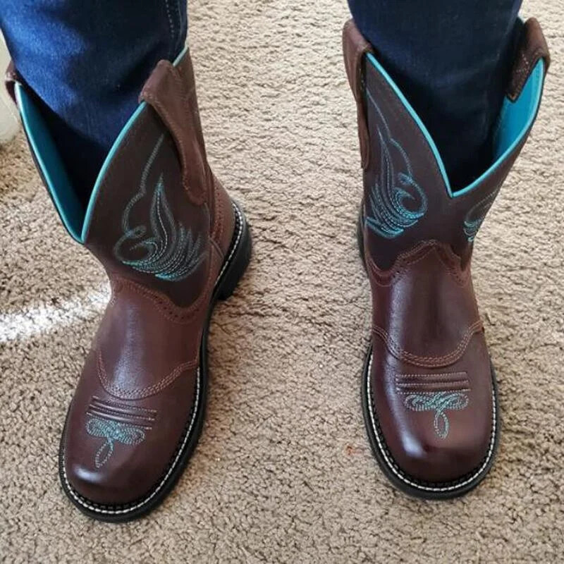 Ženske kaubojske čizme, izvezene jednostruke čizme do sredine lista, mrežaste podstave, udobne čizme za žene, retro čizme za zapadnjačke vrhove, ženske