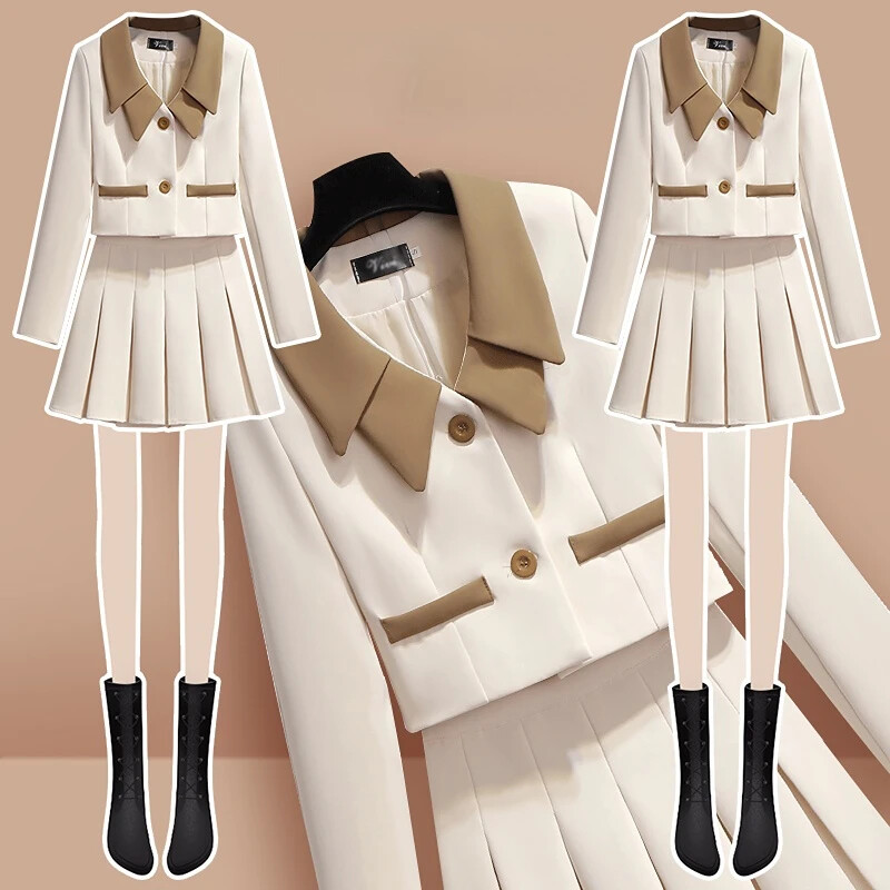 Odijelo Bež ženski kratki dvodijelni mini dvodijelni set za ljeto 2024. za žene odijelo sa suknjom i sakoom dugih rukava Fashion Co Ord