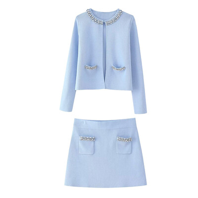 DUOPERI Ženski modni dvodijelni set s dijamantima Pleteni pulover s visokim elastičnim strukom Mini suknja Ženska šik ženska suknja Koordinate