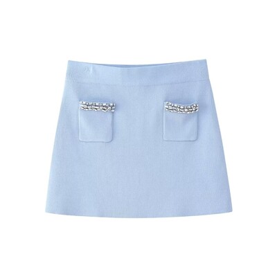 DUOPERI Ženski modni dvodijelni set s dijamantima Pleteni pulover s visokim elastičnim strukom Mini suknja Ženska šik ženska suknja Koordinate