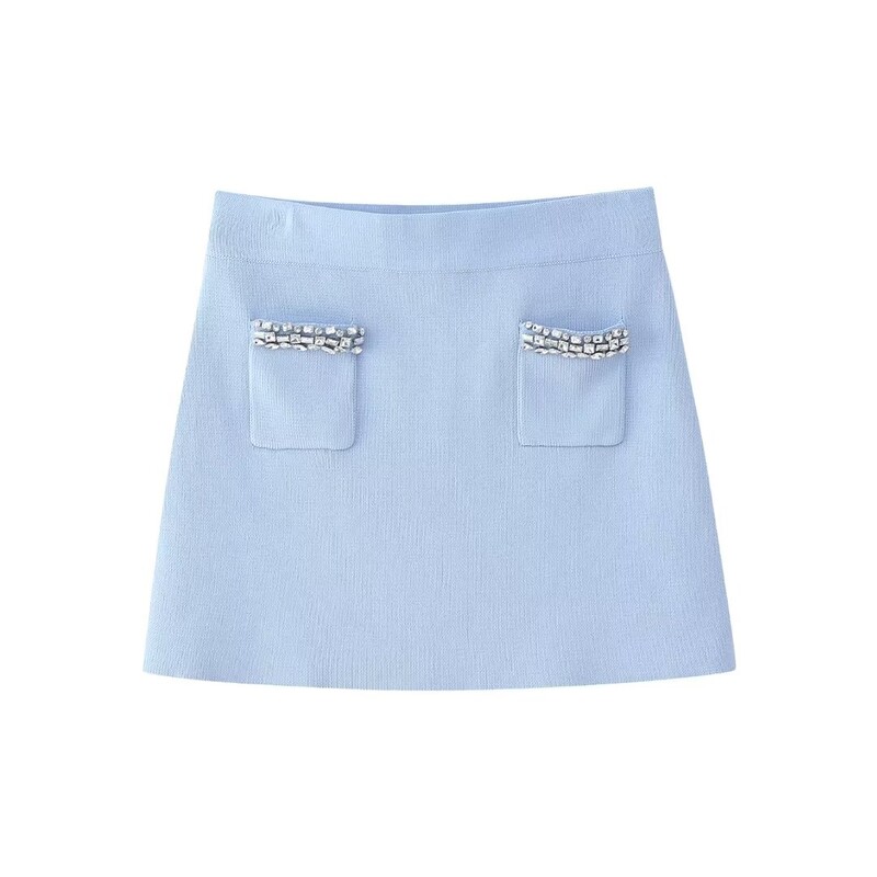 DUOPERI Ženski modni dvodijelni set s dijamantima Pleteni pulover s visokim elastičnim strukom Mini suknja Ženska šik ženska suknja Koordinate