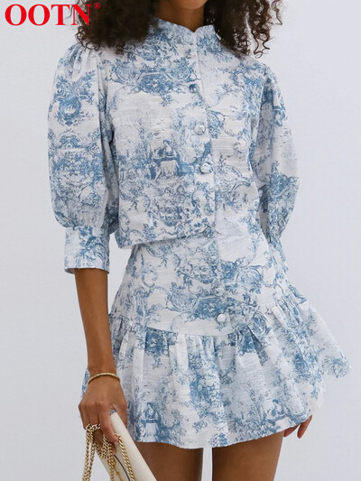 OOTN modna ženska odijela Dvodijelni kompleti s printom Polurukavi sa samostojećim ovratnikom Košulje s gumbima Ležerne ženske suknje Ljetne kombinacije za 2024.
