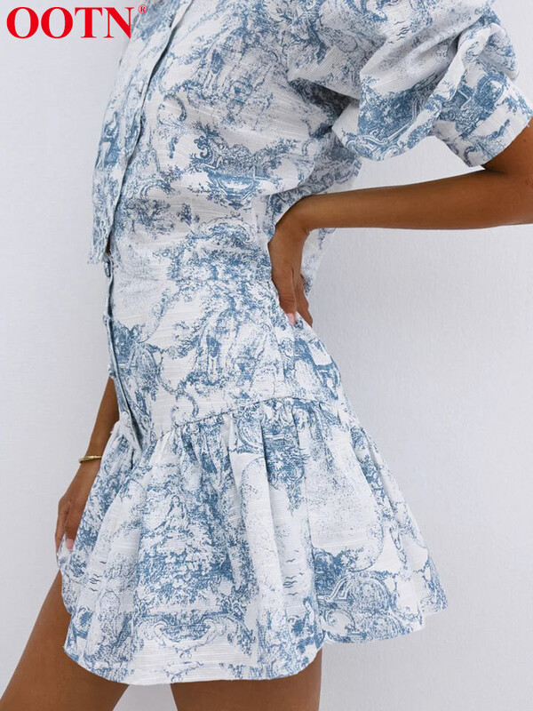 OOTN modna ženska odijela Dvodijelni kompleti s printom Polurukavi sa samostojećim ovratnikom Košulje s gumbima Ležerne ženske suknje Ljetne kombinacije za 2024.