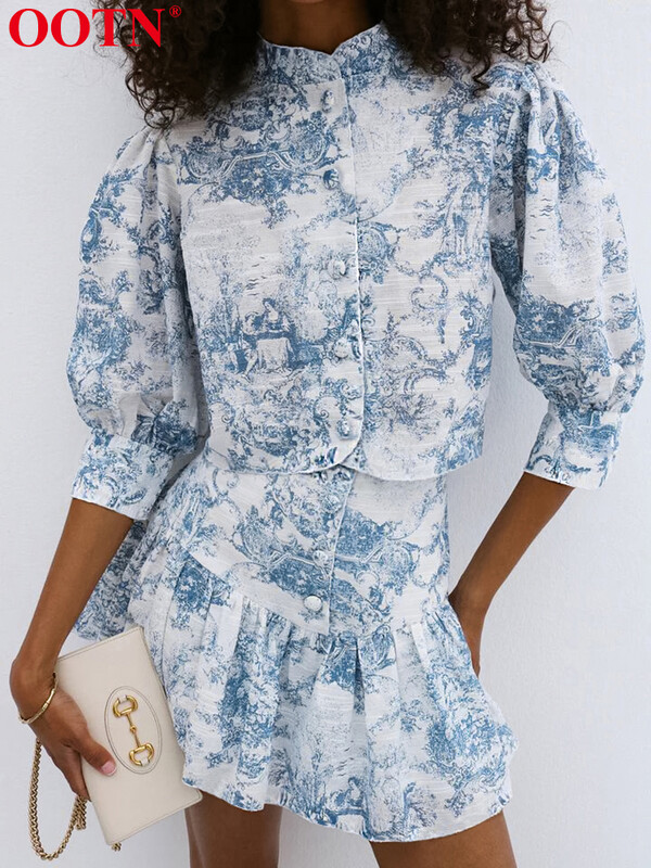 OOTN modna ženska odijela Dvodijelni kompleti s printom Polurukavi sa samostojećim ovratnikom Košulje s gumbima Ležerne ženske suknje Ljetne kombinacije za 2024.