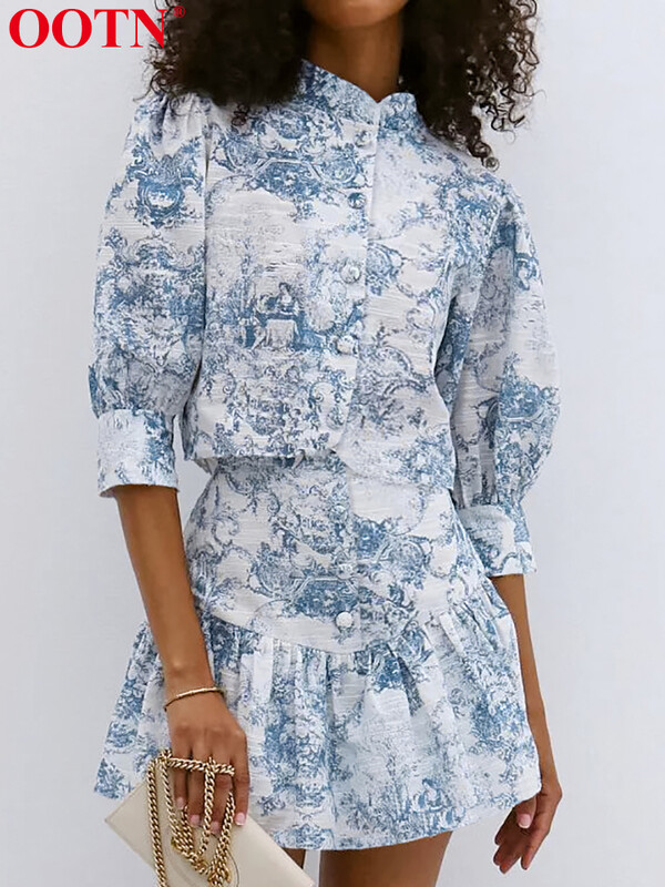 OOTN modna ženska odijela Dvodijelni kompleti s printom Polurukavi sa samostojećim ovratnikom Košulje s gumbima Ležerne ženske suknje Ljetne kombinacije za 2024.