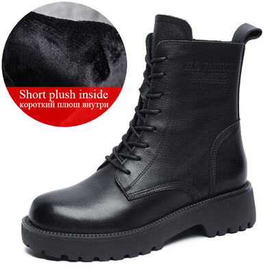 DRKANOL Британски стил, ръчно изработени ретро зимни дамски ботуши на ток с платформа Луксозни топли ботуши от телешка кожа с дебел ток до средата на прасеца