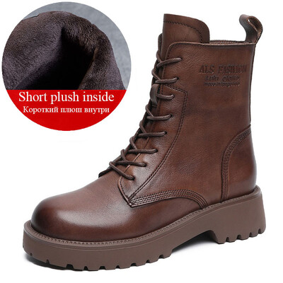 DRKANOL Британски стил, ръчно изработени ретро зимни дамски ботуши на ток с платформа Луксозни топли ботуши от телешка кожа с дебел ток до средата на прасеца