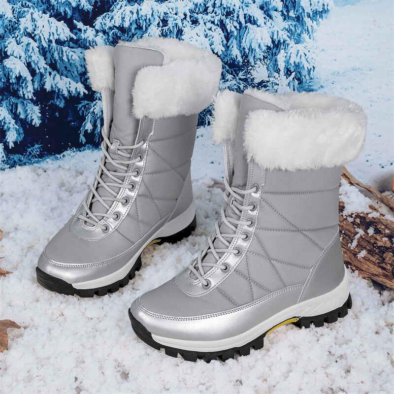 TUINANLE Naiste platvormsaapad Talvised plüüssaapad, soojad jalatsid Moodsad Naiste sääre keskosa lumesaapad Libisemiskindlad hallid lamedad kingad Bota Feminina