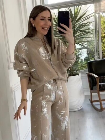 Jesen 2024. Hlače sa kaputom sa šljokicama Odijelo Žensko odijelo s patentnim zatvaračem Ležerni ženski kaputi dugih rukava Komplet od 2 komada Ženski kompleti hlača visokog struka