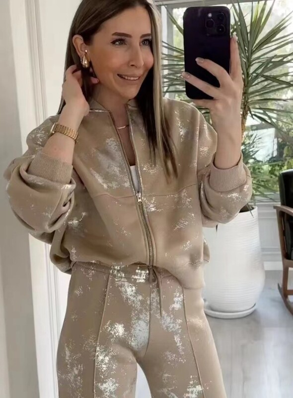 Jesen 2024. Hlače sa kaputom sa šljokicama Odijelo Žensko odijelo s patentnim zatvaračem Ležerni ženski kaputi dugih rukava Komplet od 2 komada Ženski kompleti hlača visokog struka