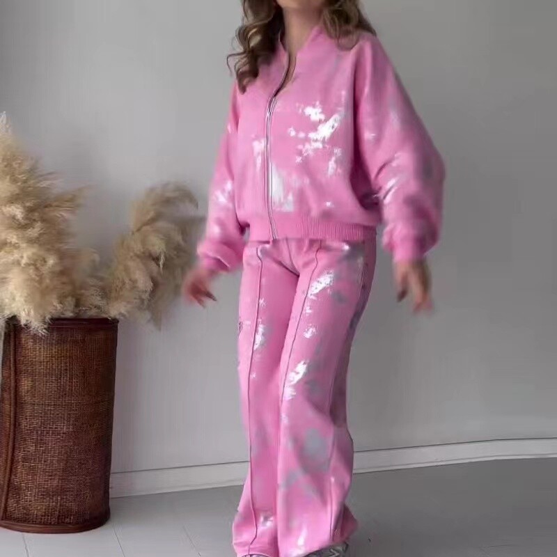 Jesen 2024. Hlače sa kaputom sa šljokicama Odijelo Žensko odijelo s patentnim zatvaračem Ležerni ženski kaputi dugih rukava Komplet od 2 komada Ženski kompleti hlača visokog struka