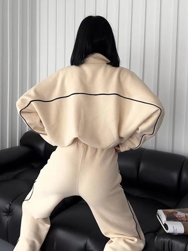 2024. Novi ležerni set, kardigan s dugim rukavima i polu visokim ovratnikom, pulover na vezanje, prugaste hlače Ženska odjeća Ležerna dvodijelna odijela