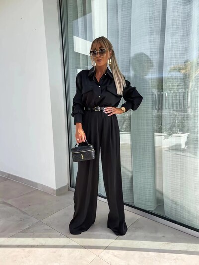 2024 Toamna Commuter Elegant 2 Buc Costum Femei Primavara Camasa cu rever cu picior lat tinuta Satin neted Seturi pentru dama