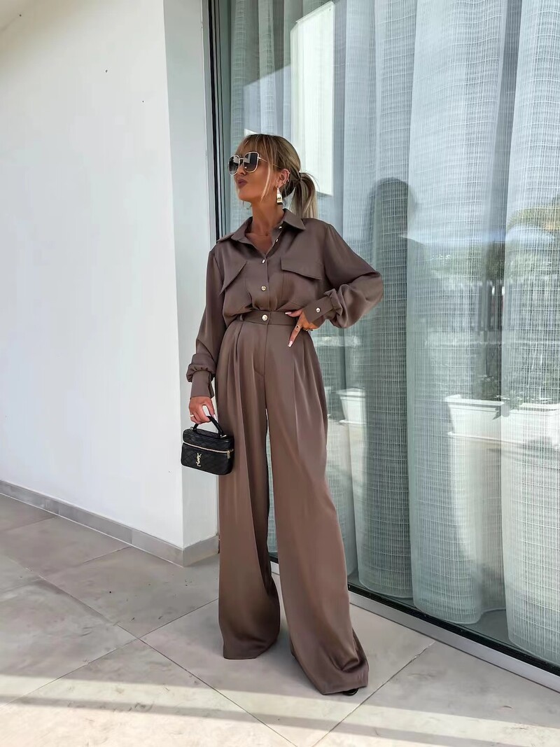 2024 Toamna Commuter Elegant 2 Buc Costum Femei Primavara Camasa cu rever cu picior lat tinuta Satin neted Seturi pentru dama