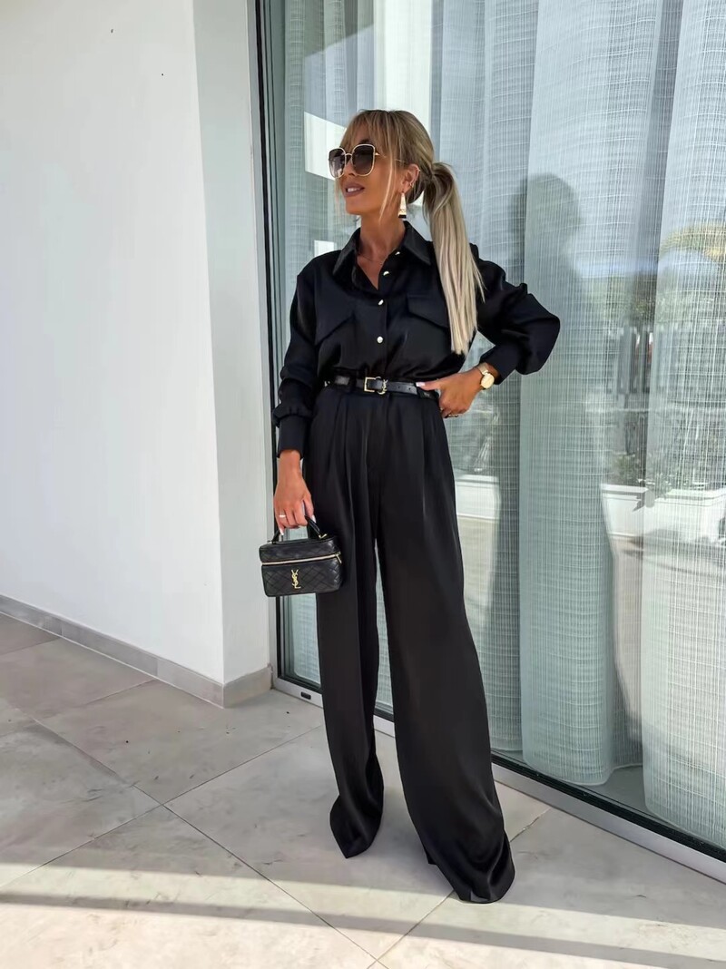 2024 Toamna Commuter Elegant 2 Buc Costum Femei Primavara Camasa cu rever cu picior lat tinuta Satin neted Seturi pentru dama