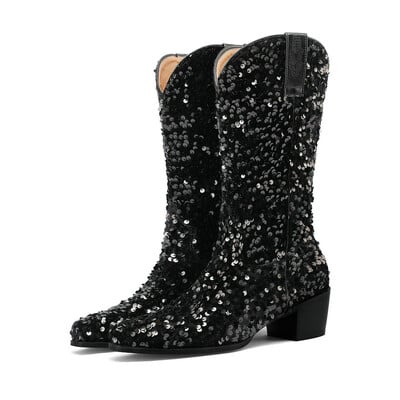 Tkanina sa šljokicama Bling Bling Ružičasto Plavo Ljubičasta Sjajna Ženska Cipela Zimska Party Dance Čizme natikače do sredine potkoljenice Čizme na debelu petu Zlatne