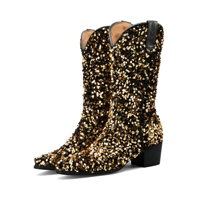 Tkanina sa šljokicama Bling Bling Ružičasto Plavo Ljubičasta Sjajna Ženska Cipela Zimska Party Dance Čizme natikače do sredine potkoljenice Čizme na debelu petu Zlatne