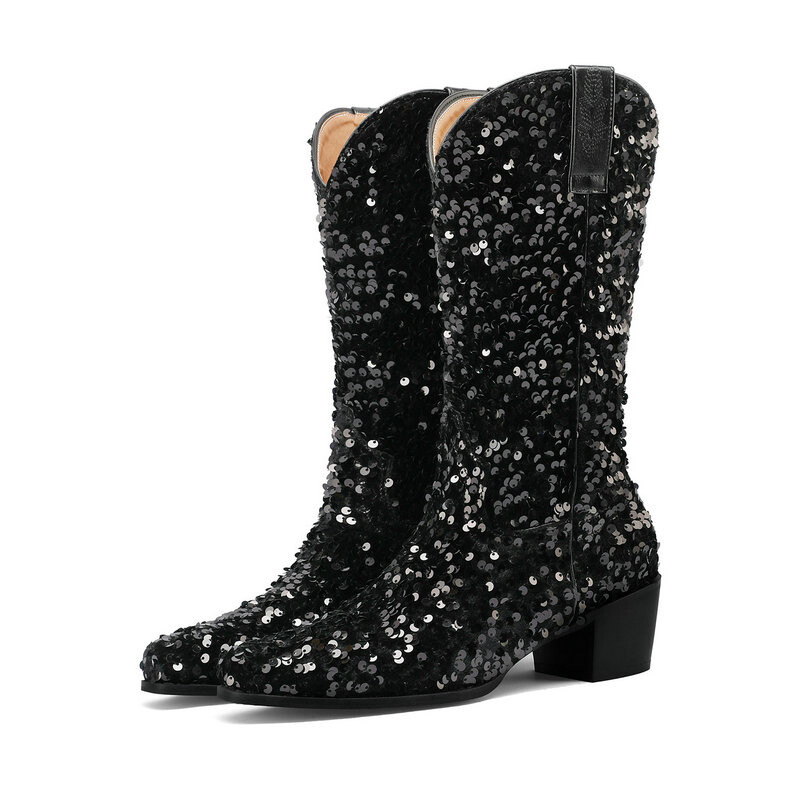 Tkanina sa šljokicama Bling Bling Ružičasto Plavo Ljubičasta Sjajna Ženska Cipela Zimska Party Dance Čizme natikače do sredine potkoljenice Čizme na debelu petu Zlatne