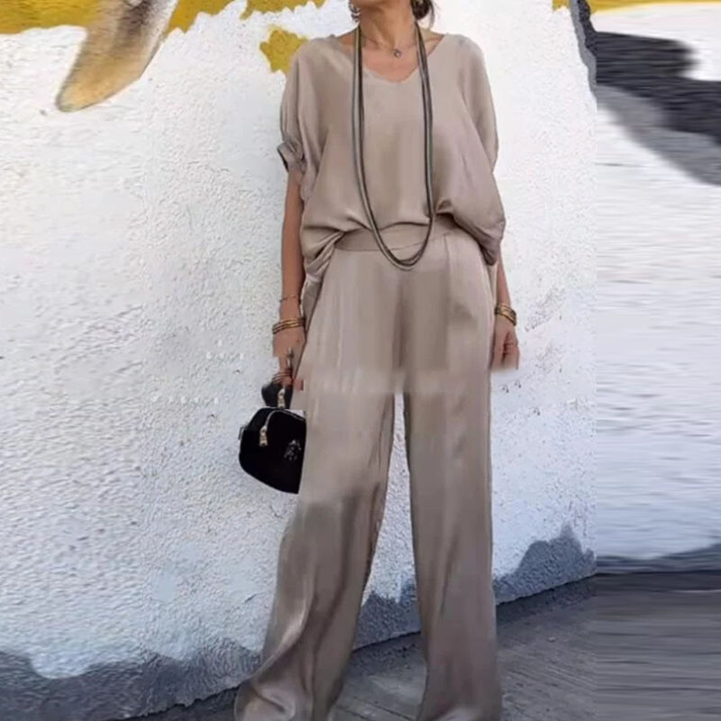 Elegantna majica s V izrezom i kratkim rukavima + odijelo s hlačama, ljetna jednobojna slobodna ravna odjeća, uredski, ležerni, nabrani ženski set od 2 komada