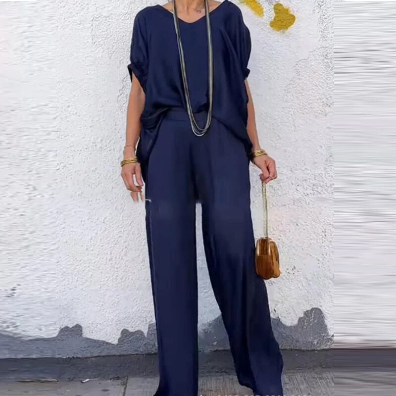 Elegantna majica s V izrezom i kratkim rukavima + odijelo s hlačama, ljetna jednobojna slobodna ravna odjeća, uredski, ležerni, nabrani ženski set od 2 komada