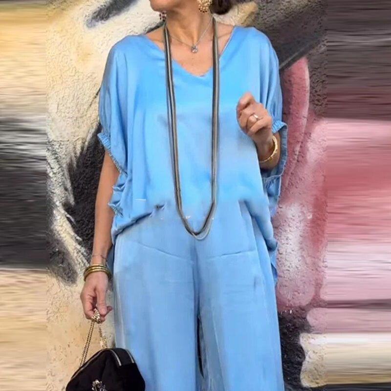 Elegantna majica s V izrezom i kratkim rukavima + odijelo s hlačama, ljetna jednobojna slobodna ravna odjeća, uredski, ležerni, nabrani ženski set od 2 komada