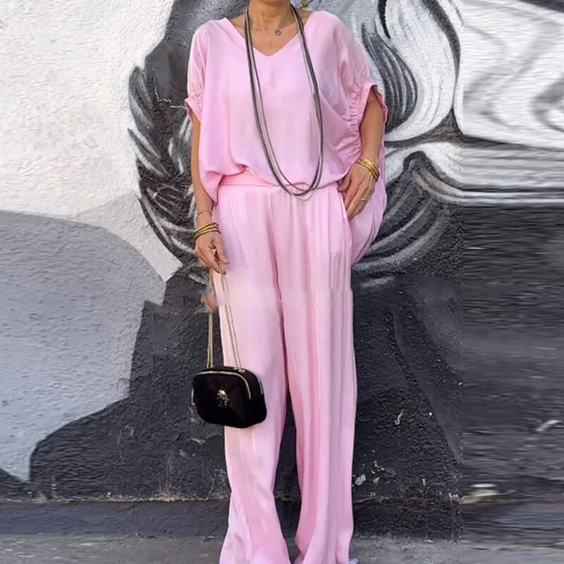 Elegantna majica s V izrezom i kratkim rukavima + odijelo s hlačama, ljetna jednobojna slobodna ravna odjeća, uredski, ležerni, nabrani ženski set od 2 komada