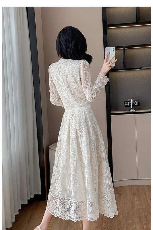 Jesenski francuski modni kompleti od čipke s vezom Dvodijelno odijelo Biserni gumbi Majice dugih rukava s perlama + midi suknja Ženska odjeća