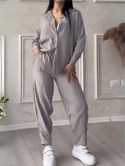 Φθινοπωρινό χειμερινό νέο μονόχρωμο μακρυμάνικο πουκάμισο Γυναικείο κοστούμι μόδας απλό μικρό παντελόνι πόδι Γυναικείο σετ γραφείου 2 τεμαχίων