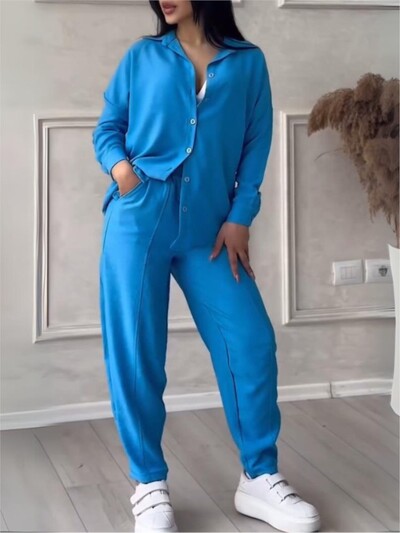 Φθινοπωρινό χειμερινό νέο μονόχρωμο μακρυμάνικο πουκάμισο Γυναικείο κοστούμι μόδας απλό μικρό παντελόνι πόδι Γυναικείο σετ γραφείου 2 τεμαχίων