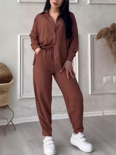 Φθινοπωρινό χειμερινό νέο μονόχρωμο μακρυμάνικο πουκάμισο Γυναικείο κοστούμι μόδας απλό μικρό παντελόνι πόδι Γυναικείο σετ γραφείου 2 τεμαχίων