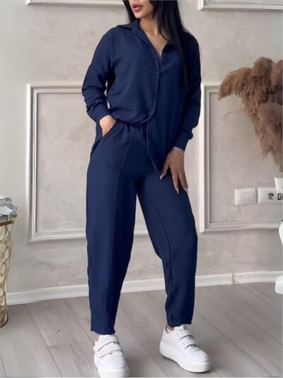 Φθινοπωρινό χειμερινό νέο μονόχρωμο μακρυμάνικο πουκάμισο Γυναικείο κοστούμι μόδας απλό μικρό παντελόνι πόδι Γυναικείο σετ γραφείου 2 τεμαχίων