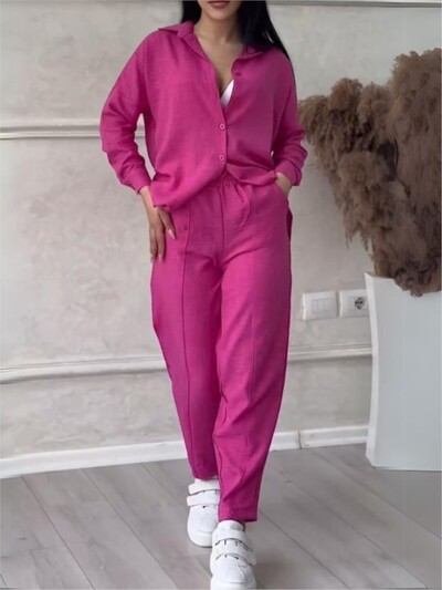 Φθινοπωρινό χειμερινό νέο μονόχρωμο μακρυμάνικο πουκάμισο Γυναικείο κοστούμι μόδας απλό μικρό παντελόνι πόδι Γυναικείο σετ γραφείου 2 τεμαχίων