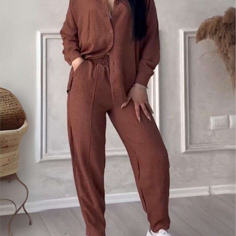 Φθινοπωρινό χειμερινό νέο μονόχρωμο μακρυμάνικο πουκάμισο Γυναικείο κοστούμι μόδας απλό μικρό παντελόνι πόδι Γυναικείο σετ γραφείου 2 τεμαχίων