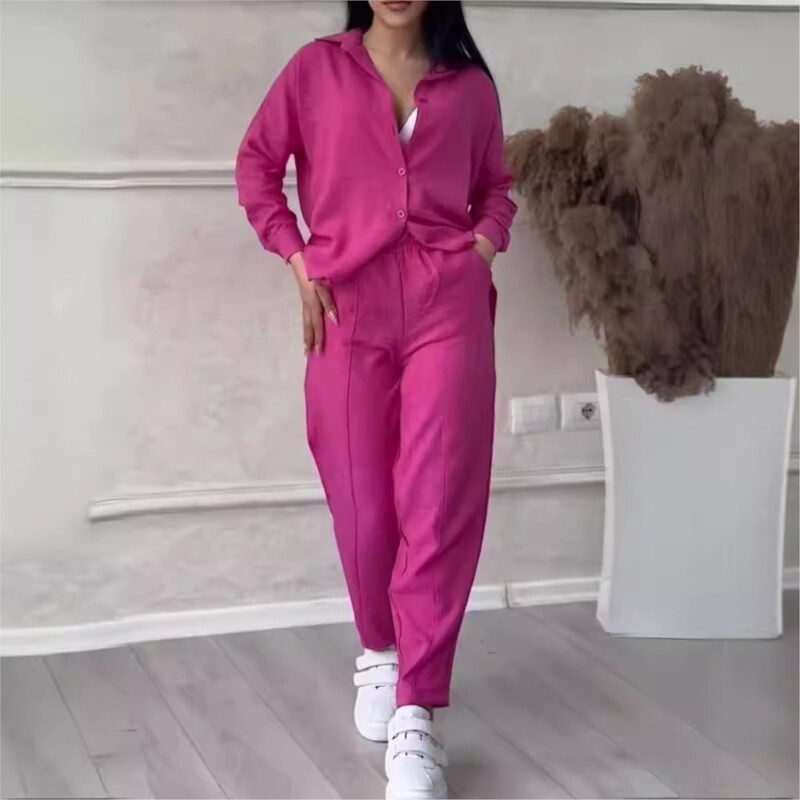 Φθινοπωρινό χειμερινό νέο μονόχρωμο μακρυμάνικο πουκάμισο Γυναικείο κοστούμι μόδας απλό μικρό παντελόνι πόδι Γυναικείο σετ γραφείου 2 τεμαχίων