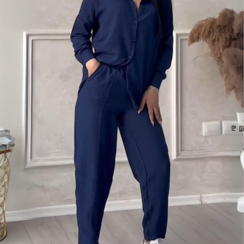 Φθινοπωρινό χειμερινό νέο μονόχρωμο μακρυμάνικο πουκάμισο Γυναικείο κοστούμι μόδας απλό μικρό παντελόνι πόδι Γυναικείο σετ γραφείου 2 τεμαχίων
