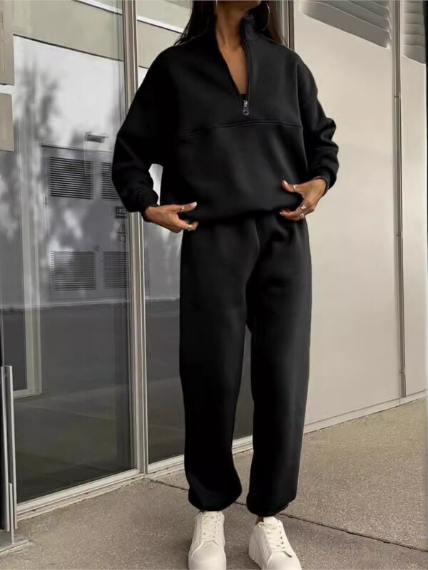 Sügistalvine mood tõmblukk revääri ühevärviline T-särk püksid naiste S vabad vabaaja taskuspordipüksid 2-osaline komplekt Naine 2024