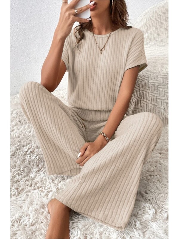 Elegantna majica kratkih rukava + hlače 2-dijelni set za žene Modni jednobojni pleteni komplet kratkih rukava Jesen Zima Žensko