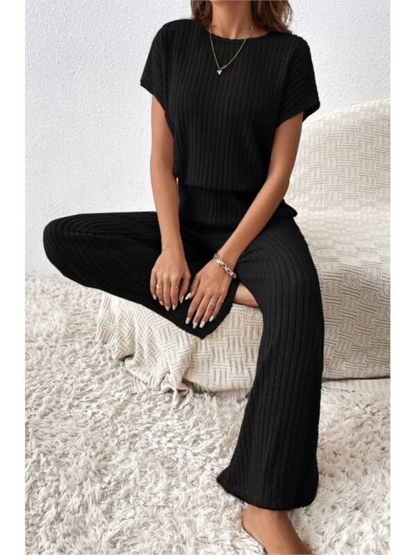 Elegantna majica kratkih rukava + hlače 2-dijelni set za žene Modni jednobojni pleteni komplet kratkih rukava Jesen Zima Žensko