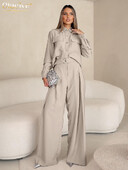 Clacive Fashion lahtine khaki värvi kontori 2-osaline komplekt naiste komplekt 2024 vabaaja pikkade varrukatega särk kõrge vööga laia naiste pükstega