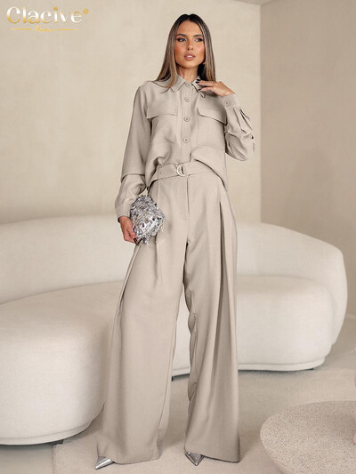 Clacive Fashion lahtine khaki värvi kontori 2-osaline komplekt naiste komplekt 2024 vabaaja pikkade varrukatega särk kõrge vööga laia naiste pükstega