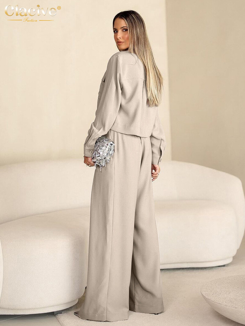 Clacive Fashion lahtine khaki värvi kontori 2-osaline komplekt naiste komplekt 2024 vabaaja pikkade varrukatega särk kõrge vööga laia naiste pükstega