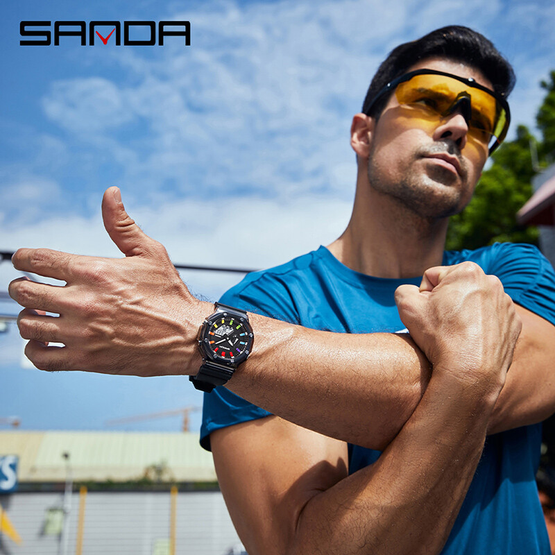 SANDA G Style Bărbați Ceas Quartz Cronometru cu numărătoare inversă LED Alarma militară electronică în aer liber Ceas digital de mână rezistent la șoc