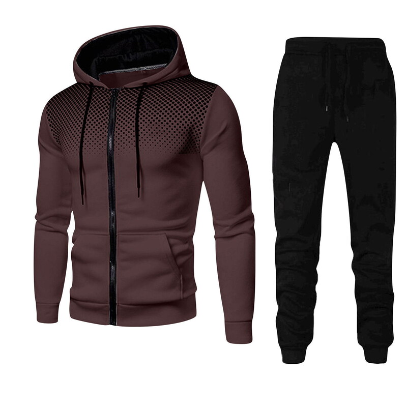 Meeste mood Fitnessi sörkimiskomplekt Trükitud spordikomplekt Tõmblukuga kapuutsiga kampsun ja püksid, kaheosaline komplekt