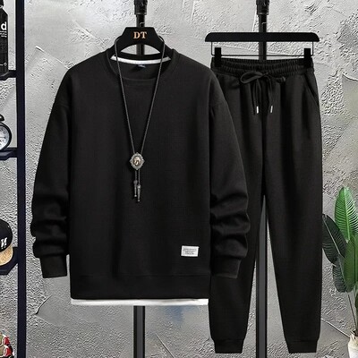 Мъжки комплекти с вафлени костюми Ежедневен суичър с дълги ръкави и панталони за спорт Мъжка тениска Суичър Ежедневни панталони Комплект свободна кройка