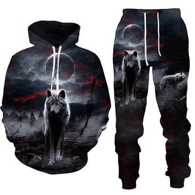 Set de trening pentru bărbați 3D Animal Fierce Wolf Hanorace cu mânecă lungă imprimate Pantaloni Costume sport Casual Streetwear Ținute pentru bărbați Îmbrăcăminte