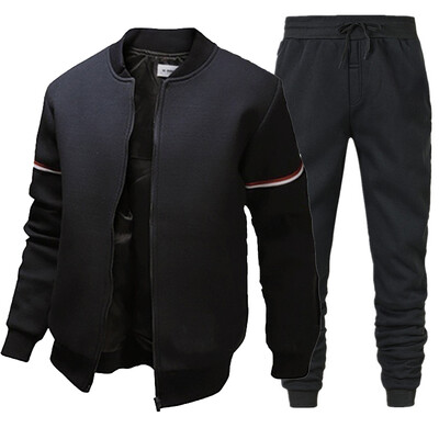 Jachetă bărbați la modă Casual Bomber + pantaloni de trening Set 2 piese Culoare uni Subțire Mantouri cu guler în picioare Trening Plus Size S-4XL