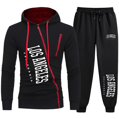 Trening popular pentru bărbați din 2024, jachetă cu fermoar cu imprimare din Los Angeles + pantaloni de sport de jogging, set de 2 piese, hanorace casual cu glugă, stofa