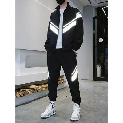 Trening reflectorizant la modă de primăvară 2024, îmbrăcăminte sport pentru bărbați, costume de transpirație, 2 piese, jachetă + pantaloni, seturi de jogging